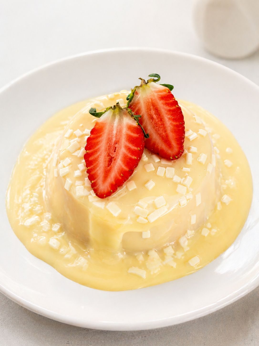 Mini Vulcão Vi Doces — bolinho com cobertura cremosa, lascas de chocolate branco e morango